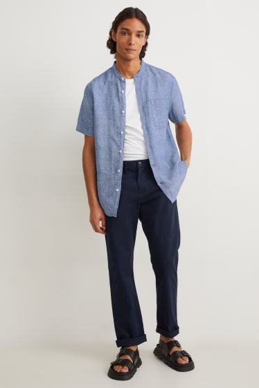 Men - Linen shirt - regular fit - band collar - blue