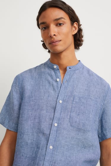 Hommes - Chemise en lin - regular fit - encolure montante - bleu