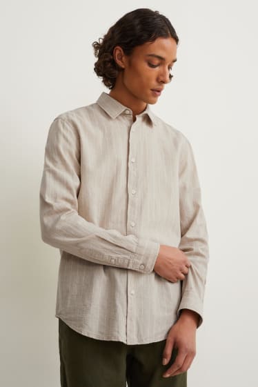 Men - Košile - regular fit - kent - lněná směs - pruhovaná - light beige