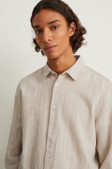 Men - Košile - regular fit - kent - lněná směs - pruhovaná - light beige