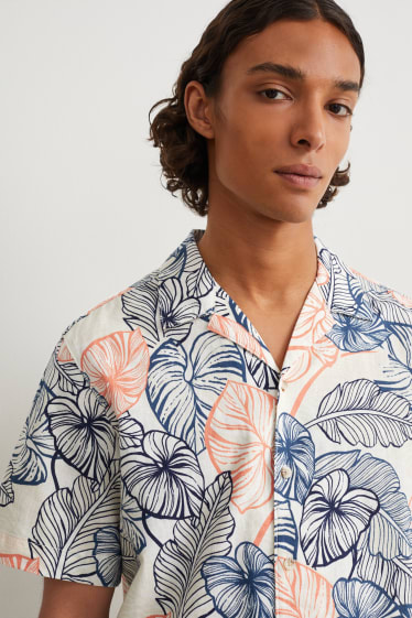 Men - Shirt - regular fit - lapel collar - linen blend - patterned - cremewhite