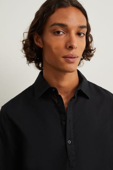 Men - Shirt - regular fit - Kent collar - linen blend - black