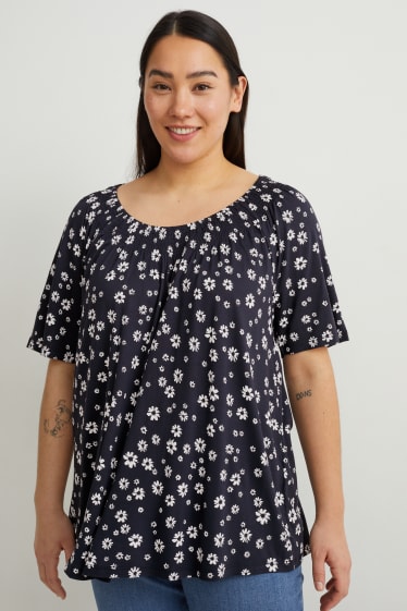 Dames - T-shirt - gebloemd - donkerblauw