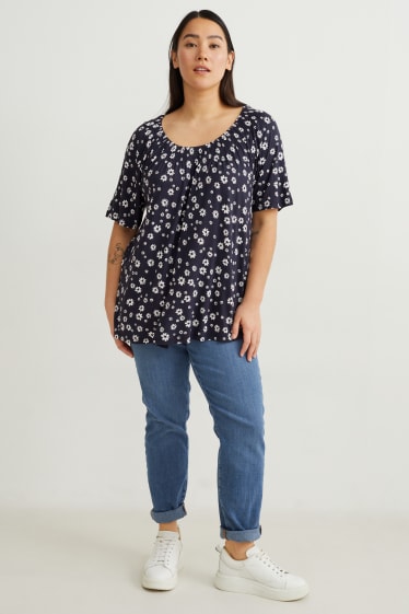 Dames - T-shirt - gebloemd - donkerblauw