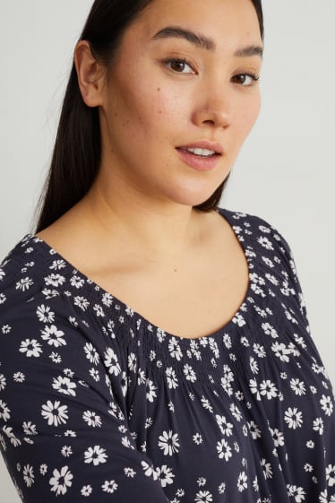 Dames - T-shirt - gebloemd - donkerblauw