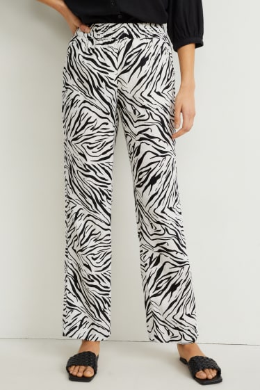 Dámské - Lněné kalhoty - mid waist - regular fit - se vzorem - krémově bílá