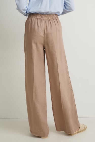 Dámské - Lněné kalhoty - high waist - wide leg - béžová