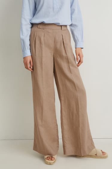 Dámské - Lněné kalhoty - high waist - wide leg - béžová