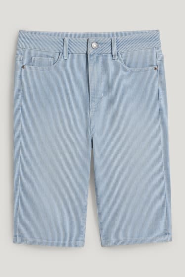 Donna - Bermuda di jeans - vita alta - a righe - bianco / azzurro