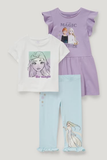 Małe dziewczynki - Kraina Lodu - zestaw - sukienka, koszulka z krótkim rękawem i legginsy - kremowobiały