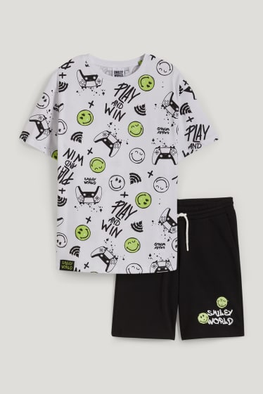 Reverskraag - SmileyWorld® - set - T-shirt en sweatshort - 2-delig - wit