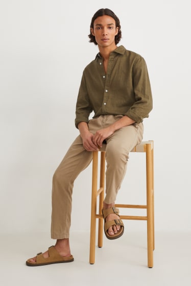 Pánské - Košile - regular fit - kent - lněná směs - khaki