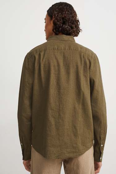 Pánské - Košile - regular fit - kent - lněná směs - khaki
