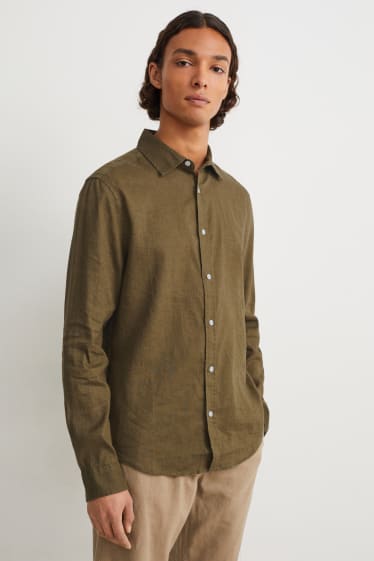 Pánské - Košile - regular fit - kent - lněná směs - khaki