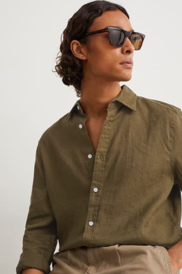 Pánské - Košile - regular fit - kent - lněná směs - khaki
