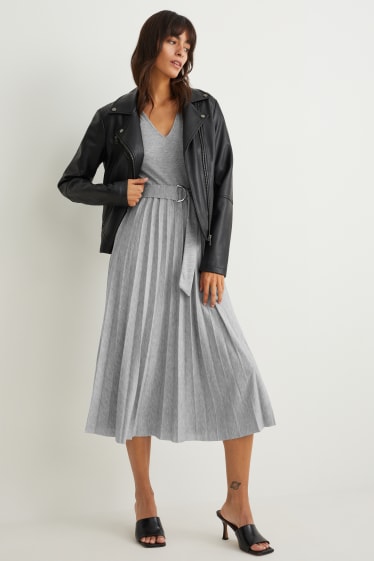Femmes - Robe fit & flare avec une ceinture - plissée - gris clair chiné
