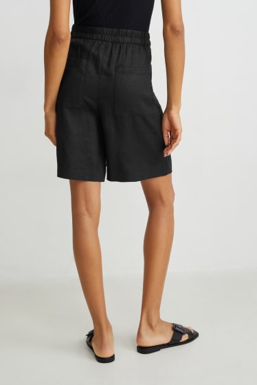 Donna - Shorts in lino - vita alta - nero