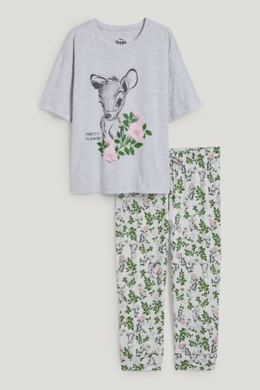 Damen - Pyjama - geblümt - Bambi - hellgrau-melange