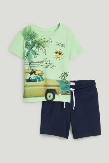 Exclusief online - Set - T-shirt en sweatshort - 2-delig - groen / donkerblauw