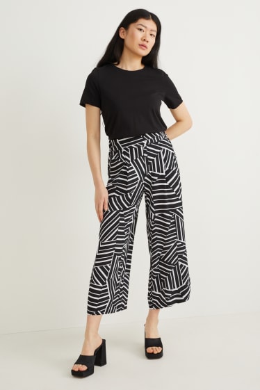 Women - Cloth trousers - high-rise waist - palazzo - patterned - black / white