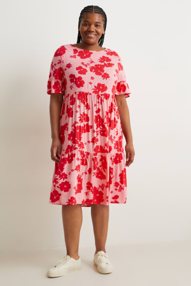 Dames - A-lijn-jurk - gebloemd - fuchsiarood