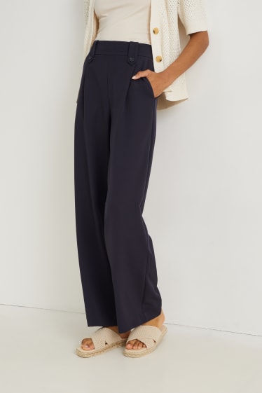 Dámské - Plátěné kalhoty - high waist - wide leg - tmavomodrá