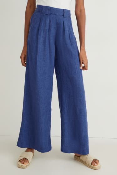 Donna - Pantaloni di lino - vita alta - gamba ampia - blu scuro