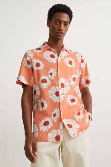 Pánské - Košile - regular fit - klopový límec - lněná směs - bílá/oranžová