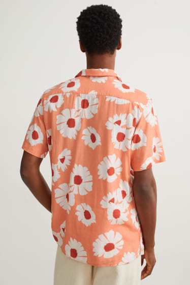 Pánské - Košile - regular fit - klopový límec - lněná směs - bílá/oranžová