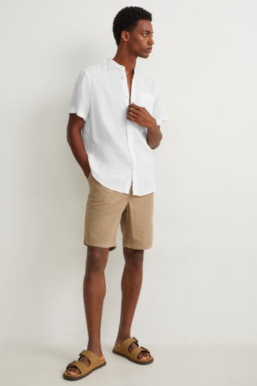 Pánské - Lněná košile - regular fit - stojáček - bílá