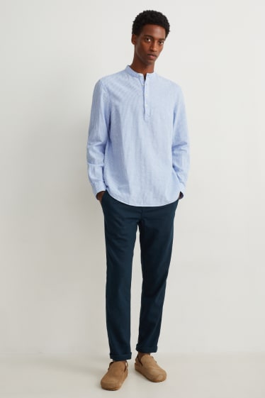Men - Shirt - regular fit - band collar - linen blend - striped - light blue