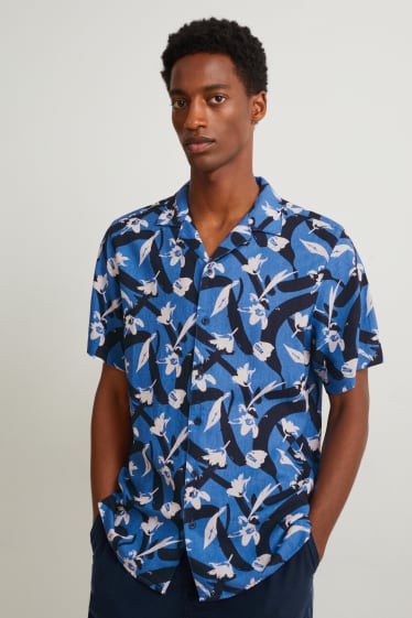 Pánské - Košile - regular fit - klopový límec - lněná směs - se vzorem - modrá