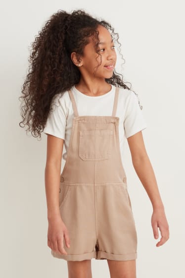 Kids Girls - Set - T-shirt en tuinbroek - 2-delig - beige