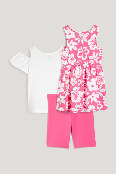 Toddler Girls - Set - T-shirt, jurk en fietsbroek - 3-delig - wit / fuchsiarood
