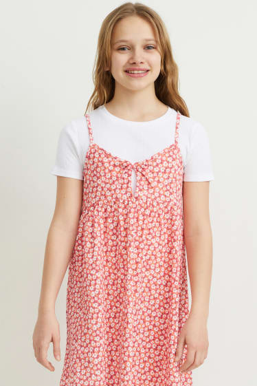 Dívčí - Souprava - tričko s krátkým rukávem a šaty - 2dílná - bílá