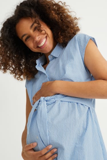 Femmes - Robe-chemisier d’allaitement avec nœud - à rayures - blanc / bleu clair