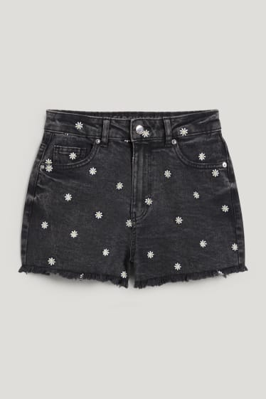 Clockhouse Girls - CLOCKHOUSE - Jeans-Shorts - High Waist - geblümt - jeans-dunkelgrau