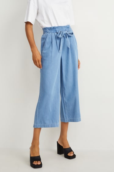 Donna - Pantaloni di stoffa - vita alta - gamba larga - jeans azzurro