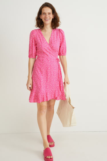 Femmes - Robe croisée - à fleurs - rose
