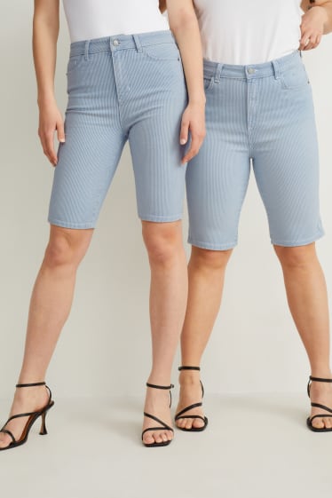 Donna - Bermuda di jeans - vita alta - a righe - bianco / azzurro