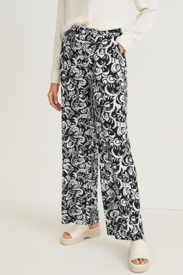 Women - Cloth trousers - mid-rise waist - wide leg - patterned - black / white