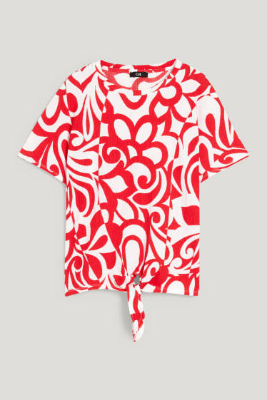 Kobiety - T-shirt z supełkiem - czerwony / kremowobiały