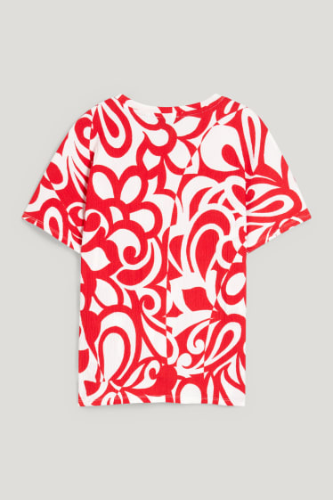 Kobiety - T-shirt z supełkiem - czerwony / kremowobiały