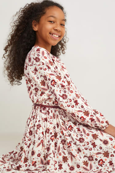 Kids Girls - Kleid mit Gürtel - gemustert - cremeweiß