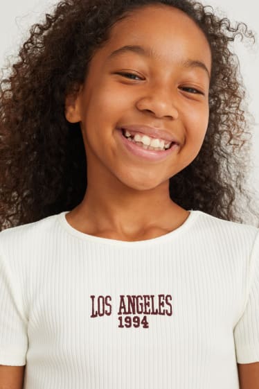 Filles - Ensemble - jupe et T-shirt - 2 pièces - à fleurs - rouge foncé