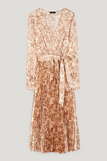 Damen - Wickelkleid - plissiert - gemustert - hellbeige