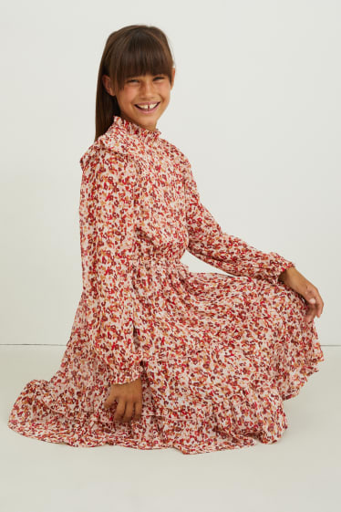 Kids Girls - Chiffon-Kleid - gemustert - hellbeige