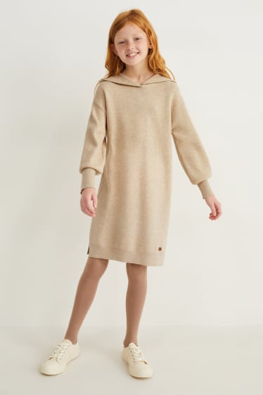 Kids Girls - Strickkleid mit Kapuze - hellbeige