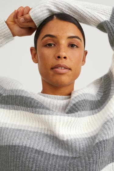 Femmes - Pull en cachemire - à rayures - gris clair