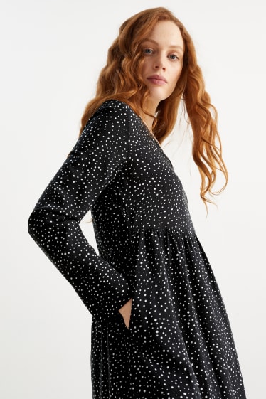 Women - V-neck dress - polka dot - black